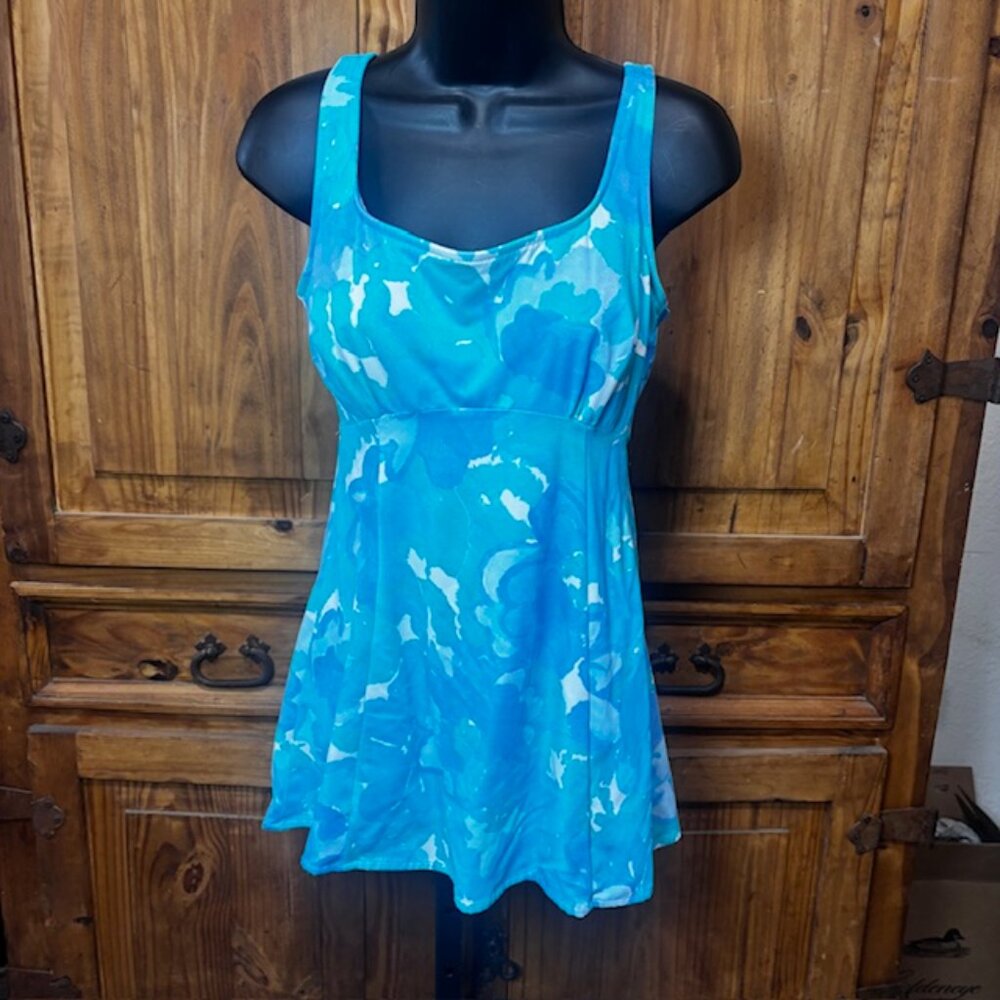 Sea Waves One Piece Swimdress Swimsuit Blue Floral Size 10 Retro Style